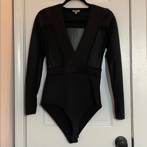 Charlotte Russe,, V Neck Mesh Long Sleeve Bodysuit, Black, Size Medium